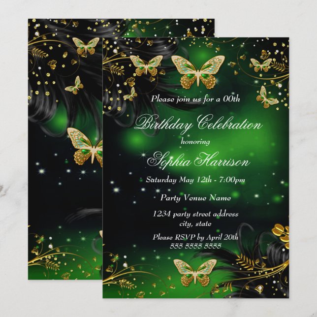 Invitation Fête d'anniversaire Papillon Vert Étincelant Or (Devant / Derrière)