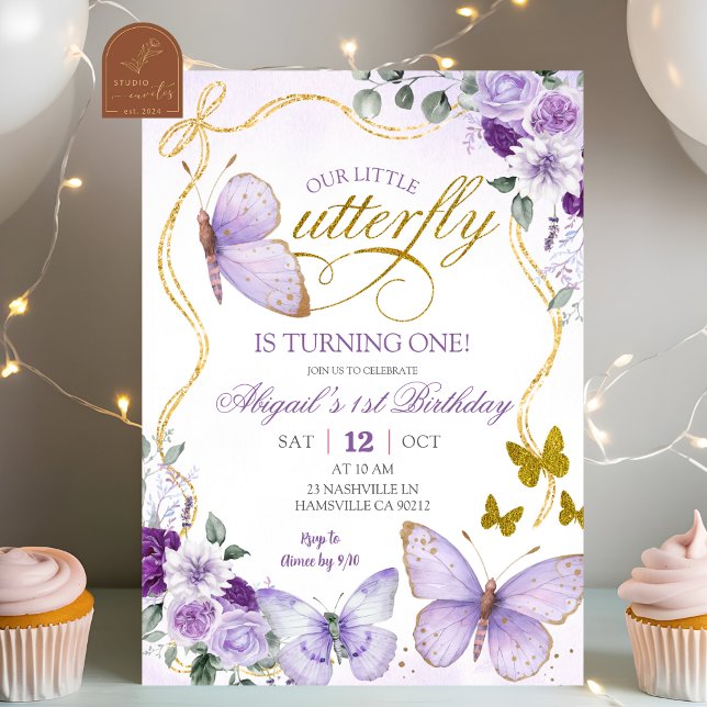 Invitation Fête d'anniversaire Papillon Violet Coquette (Créateur téléchargé)