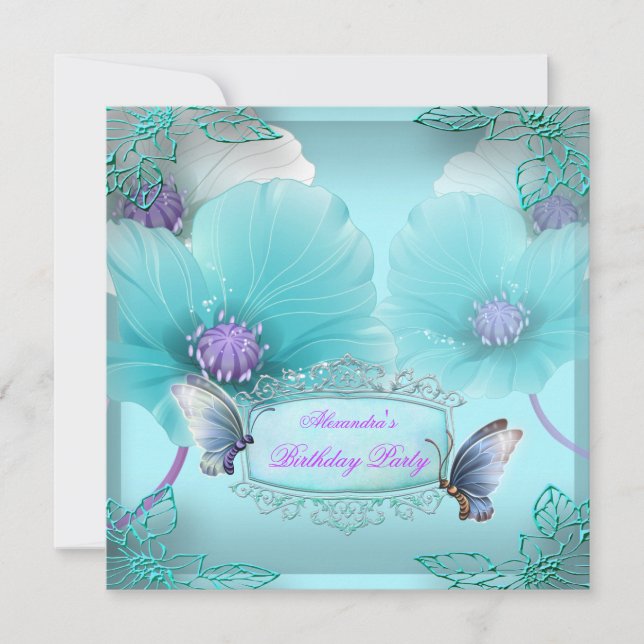 Invitation Fête d'anniversaire papillon violet sarcelle Femme (Devant)