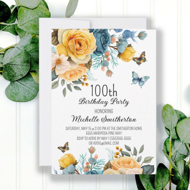 Invitation Fête d'anniversaire papillons floraux bleu poussié (Créateur téléchargé)