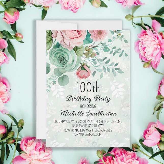 Invitation Fête d'anniversaire papillons floraux vert menthe  (Créateur téléchargé)