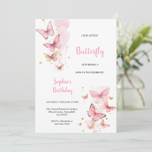 INVITATION FÊTE D'ANNIVERSAIRE PAPILLONS ROSE ET OR MIGNONS  (Debout devant)