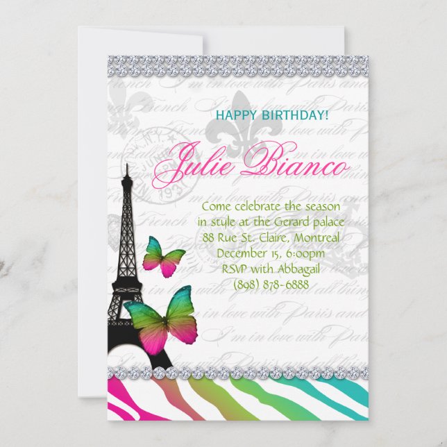 Invitation Fête d'anniversaire Paris Card Les Papillons de la (Devant)