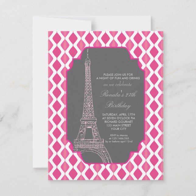 Invitation Fête d'anniversaire Paris Modern Pink (Devant)