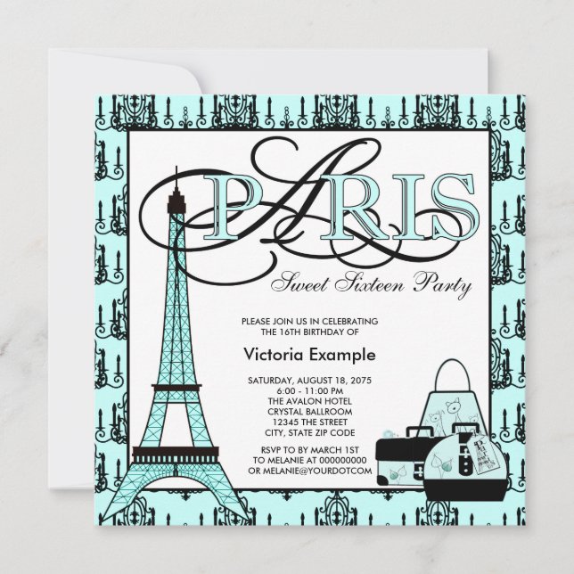 Invitation Fête d'anniversaire Paris Sweet 16 Bleu sarcelle N (Devant)