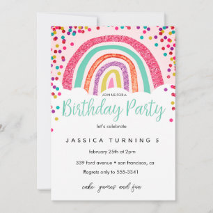Invitation Fête d'anniversaire pastel arc-en-ciel pailleté po