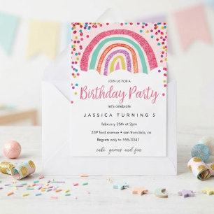 Invitation Fête d'anniversaire pastel arc-en-ciel pailleté po