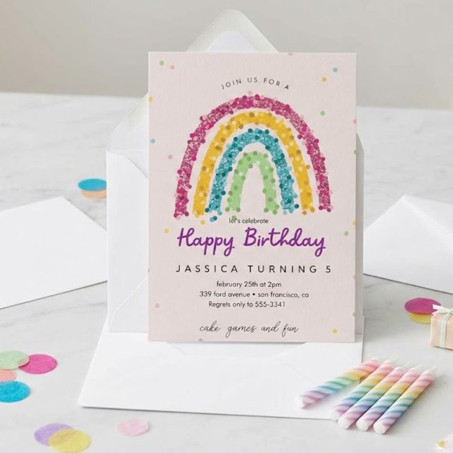 Invitation Fête d'anniversaire pastel arc-en-ciel pailleté po (Créateur téléchargé)
