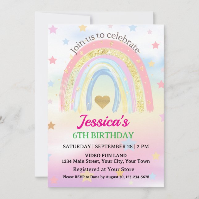 Invitation Fête d'anniversaire pastel bohème arc-en-ciel (Devant)