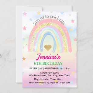 Invitation Fête d'anniversaire pastel bohème arc-en-ciel