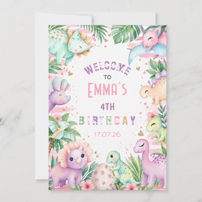 Invitation Fête d'anniversaire pastel de dinosaure mignon dan (Devant)