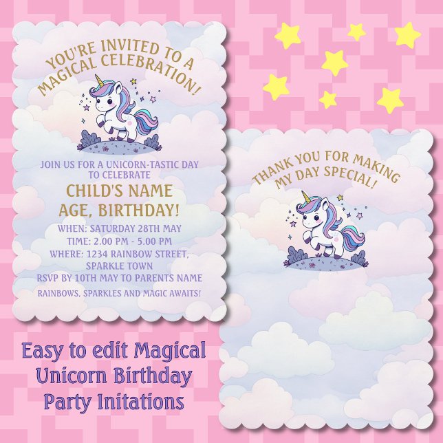 Invitation Fête d'anniversaire pastel de licorne magique (Créateur téléchargé)