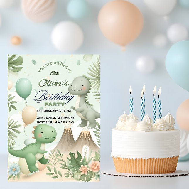 Invitation Fête d'anniversaire Pastel Dinosaure Aquarelle (Créateur téléchargé)