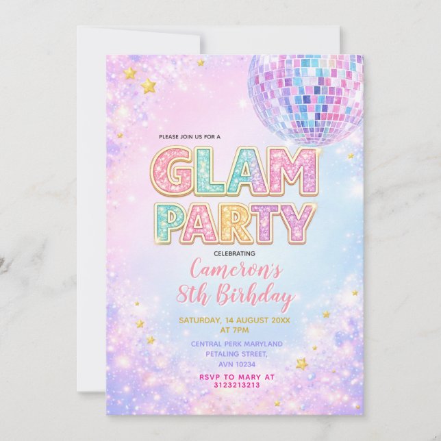 Invitation Fête d'anniversaire pastel disco glamour pour enfa (Devant)