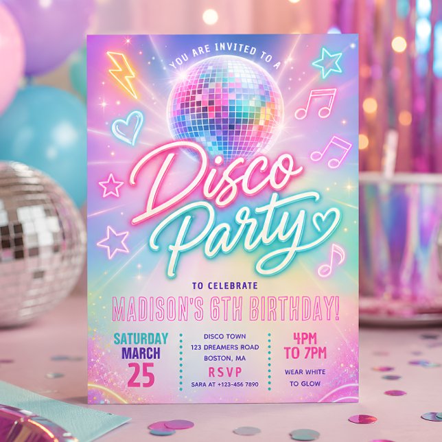 Invitation Fête d'anniversaire Pastel Disco Glow (Créateur téléchargé)