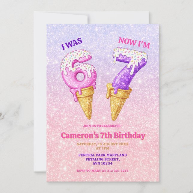 Invitation Fête d'anniversaire pastel pailleté glace 6-7 ans (Devant)