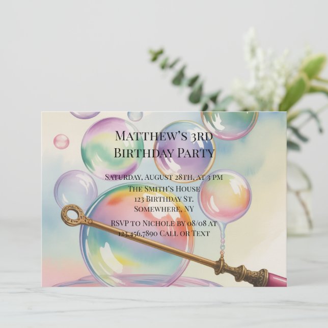 Invitation Fête d'anniversaire Pastel Rainbow Bubbles Age (Debout devant)