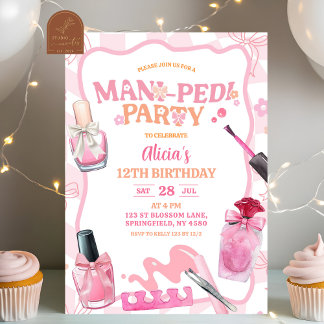 Invitation Fête d'anniversaire pastel rétro avec nœud rose po