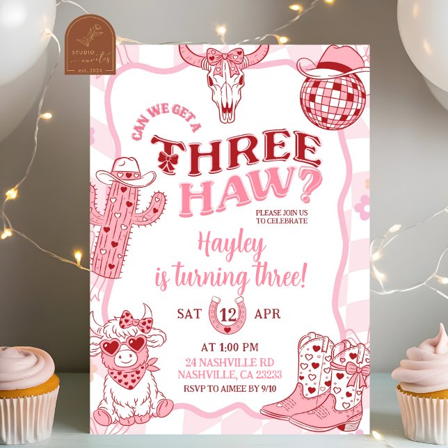 Invitation Fête d'anniversaire Pastel Retro Threehaw Cowgirl (Créateur téléchargé)