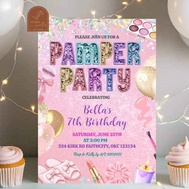 Invitation Fête d'anniversaire pastel rose paillettes sequins (Créateur téléchargé)