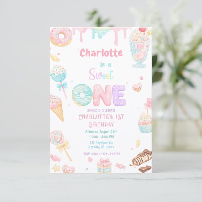 Invitation Fête d'anniversaire Pastel Sweet One aquarelle (Debout devant)