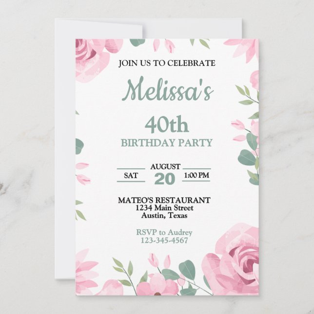 Invitation Fête d'anniversaire Pastel Vert Sauge avec Roses R (Devant)
