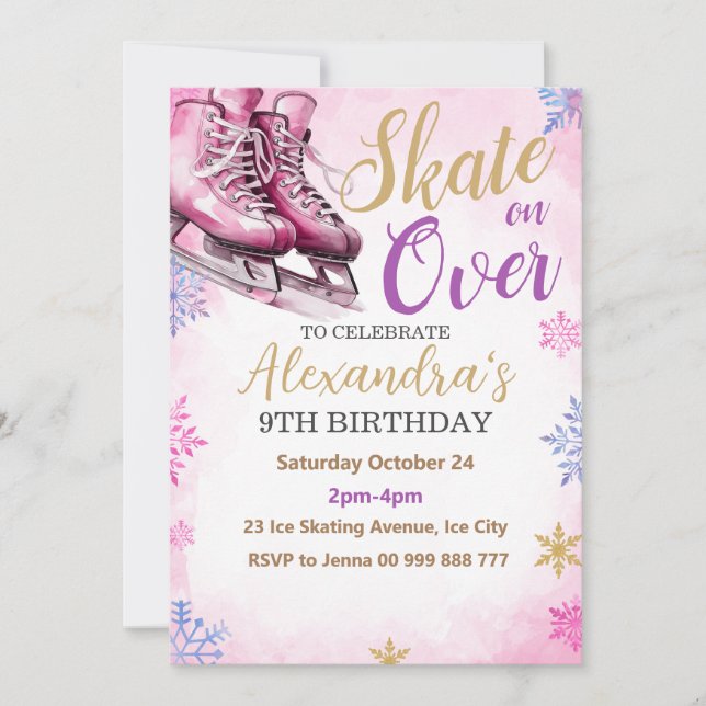 Invitation Fête d'anniversaire Patinage Rose Soirée d'hiver (Devant)
