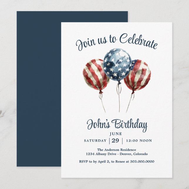 Invitation Fête d'anniversaire patriotique (Devant / Derrière)
