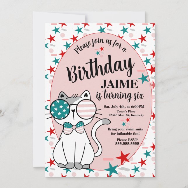 Invitation Fête d'anniversaire patriotique de chat mignon ave (Devant)