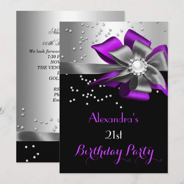 Invitation Fête d'anniversaire perle arc noir argent violet (Devant / Derrière)
