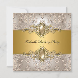 Invitation Fête d'anniversaire Perle Crème Damas Or