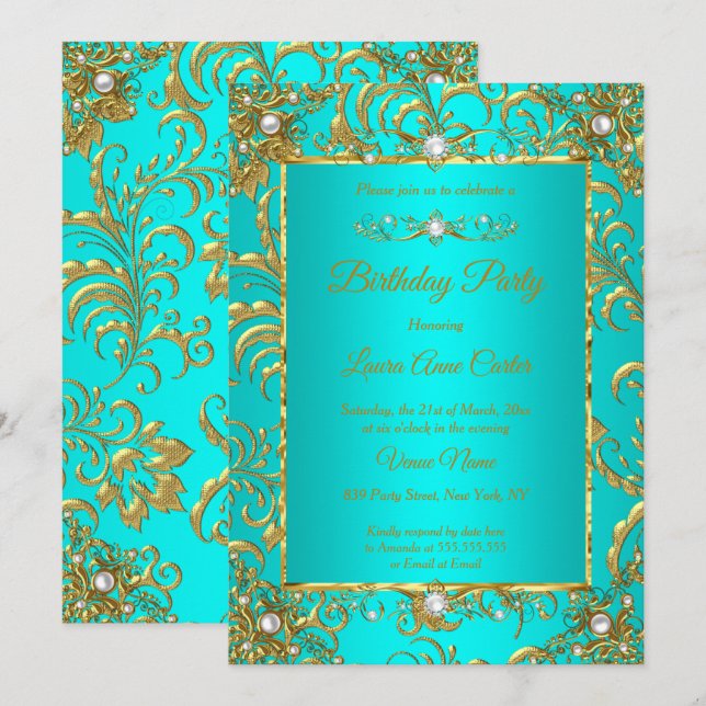 Invitation Fête d'anniversaire perle damassé or bleu sarcelle (Devant / Derrière)
