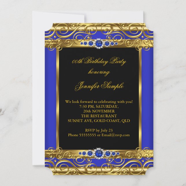 Invitation Fête d'anniversaire perle damassée or bleu royal é (Devant)