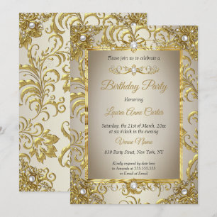 Invitation Fête d'anniversaire perle de crème damassée or éli