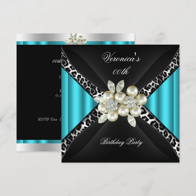 Invitation Fête d'anniversaire Perle de diamant Léopard Bleu  (Devant / Derrière)