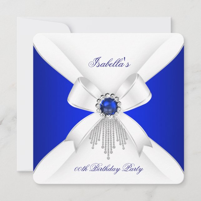 Invitation Fête d'anniversaire perle diamant blanc bleu royal (Devant)