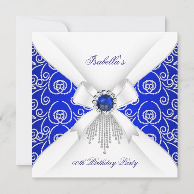 Invitation Fête d'anniversaire perle diamant blanc bleu royal (Devant)