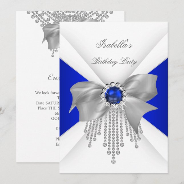Invitation Fête d'anniversaire perle diamant blanc bleu royal (Devant / Derrière)