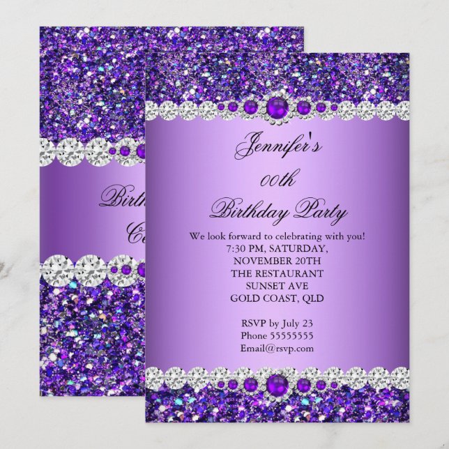 Invitation Fête d'anniversaire perle diamant paillettes viole (Devant / Derrière)