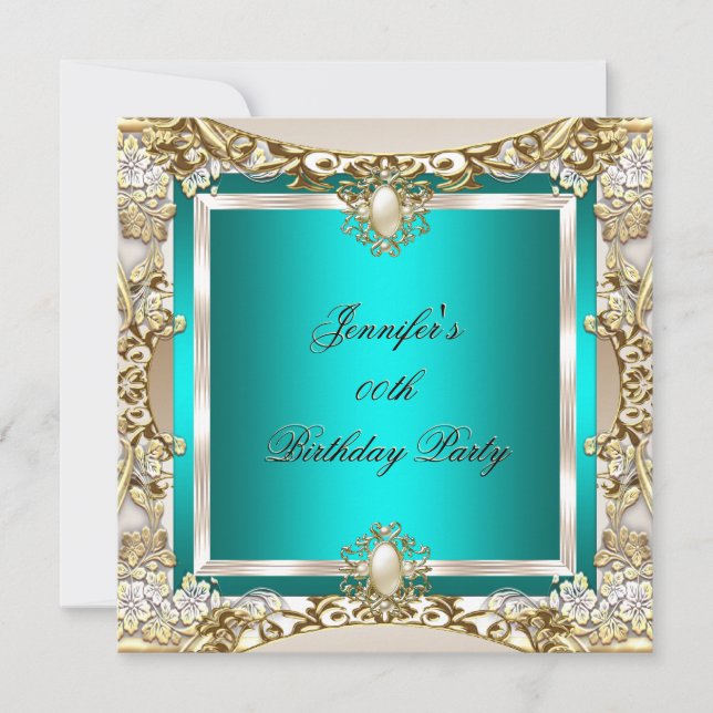 Invitation Fête d'anniversaire perle dorée crème sarcelle éli (Devant)