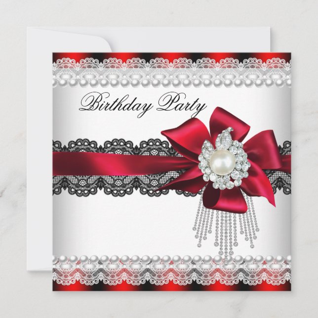 Invitation Fête d'anniversaire perle en dentelle avec nœud ro (Devant)