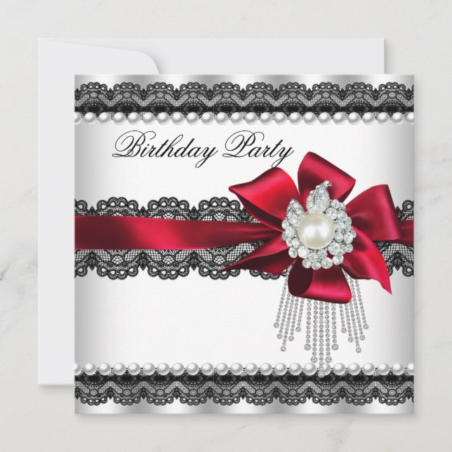 Invitation Fête d'anniversaire perle en dentelle avec ruban r (Devant)