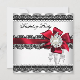 Invitation Fête d'anniversaire perle en dentelle avec ruban r