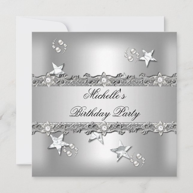 Invitation Fête d'anniversaire Perle Gris Argent Diamant (Devant)