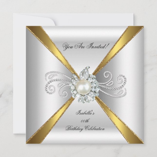 Invitation Fête d'anniversaire Perle Or Argent Diamant (Devant)