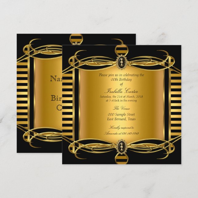 Invitation Fête d'anniversaire Perle Rayure Noire Décor Or (Devant / Derrière)