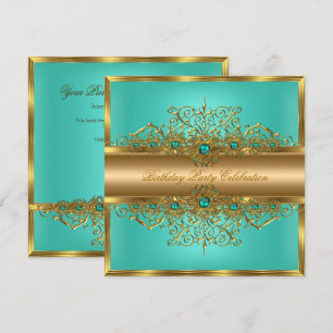 Invitation Fête d'anniversaire Perles de Jade sarcelle Or élé