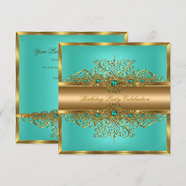 Invitation Fête d'anniversaire Perles de Jade sarcelle Or élé (Devant / Derrière)