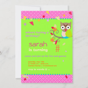 Invitation Fête d'anniversaire personnalisée Aqua/Lime Owl