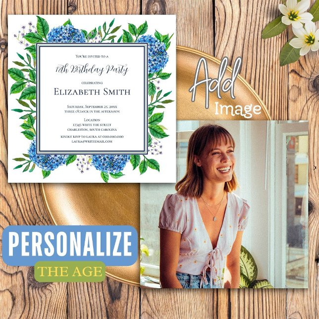 Invitation Fête d'anniversaire personnalisée avec des hydrang (Front / Back)